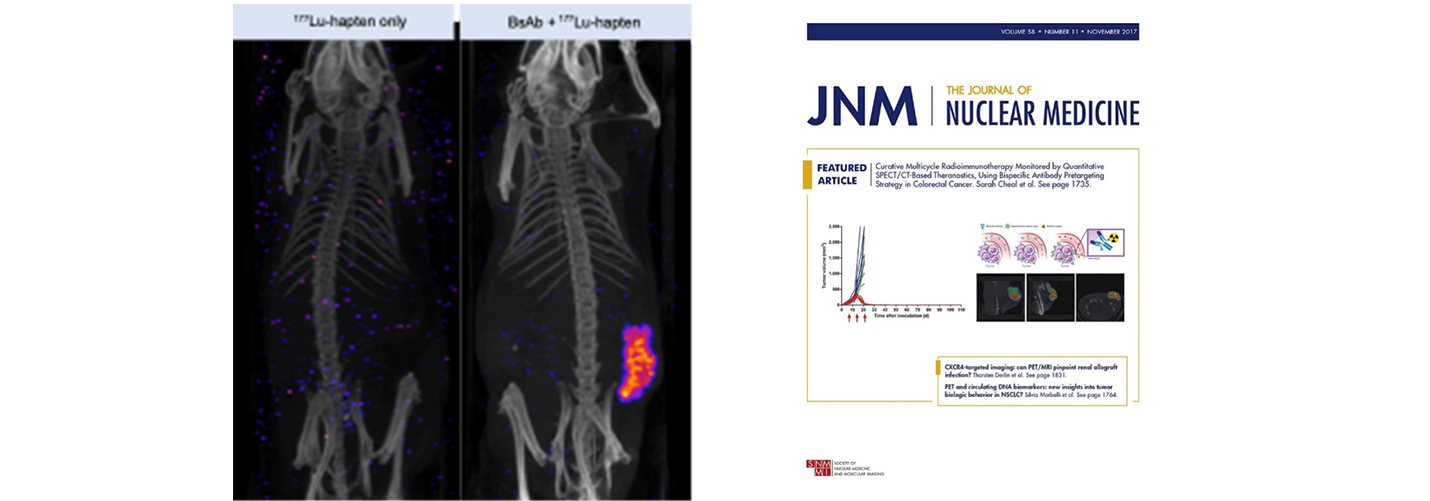 Nude mice bearing established GPA33-expressing SW1222 human colorectal xenografts and journal cover